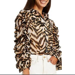 River Island Top Women's 6 Blouse Animal Tiger Sheer Mob Wife Button Ruched